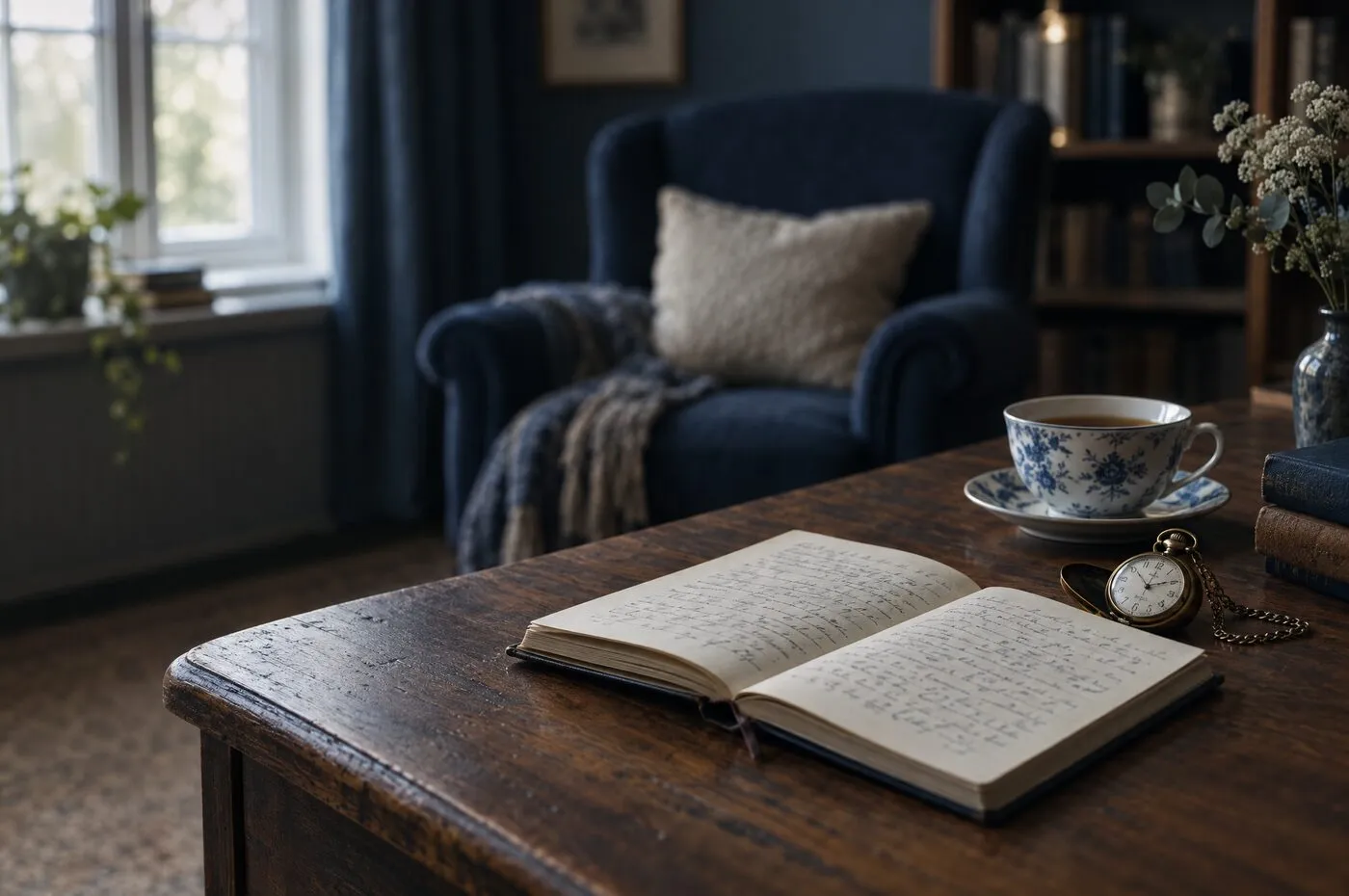 An open handwritten notebook beside a pocket watch and a cup of tea on a wooden desk, with an armchair behind