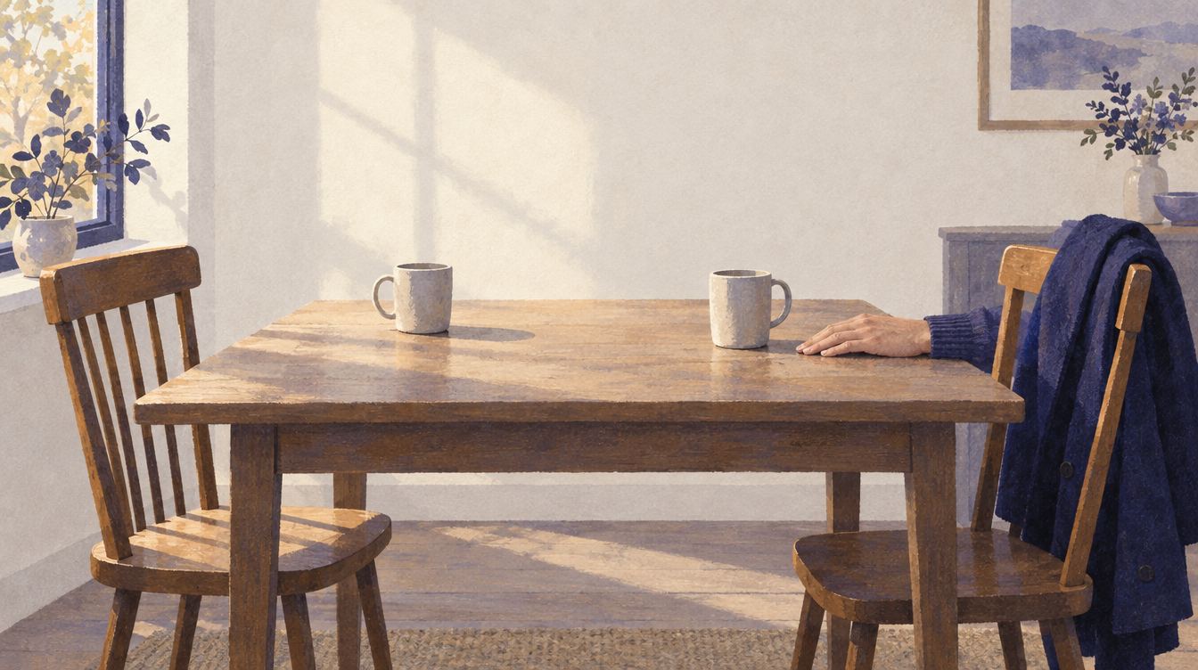 A kitchen table with two empty chairs facing each other, two mugs and a hand resting flat on the tabletop.