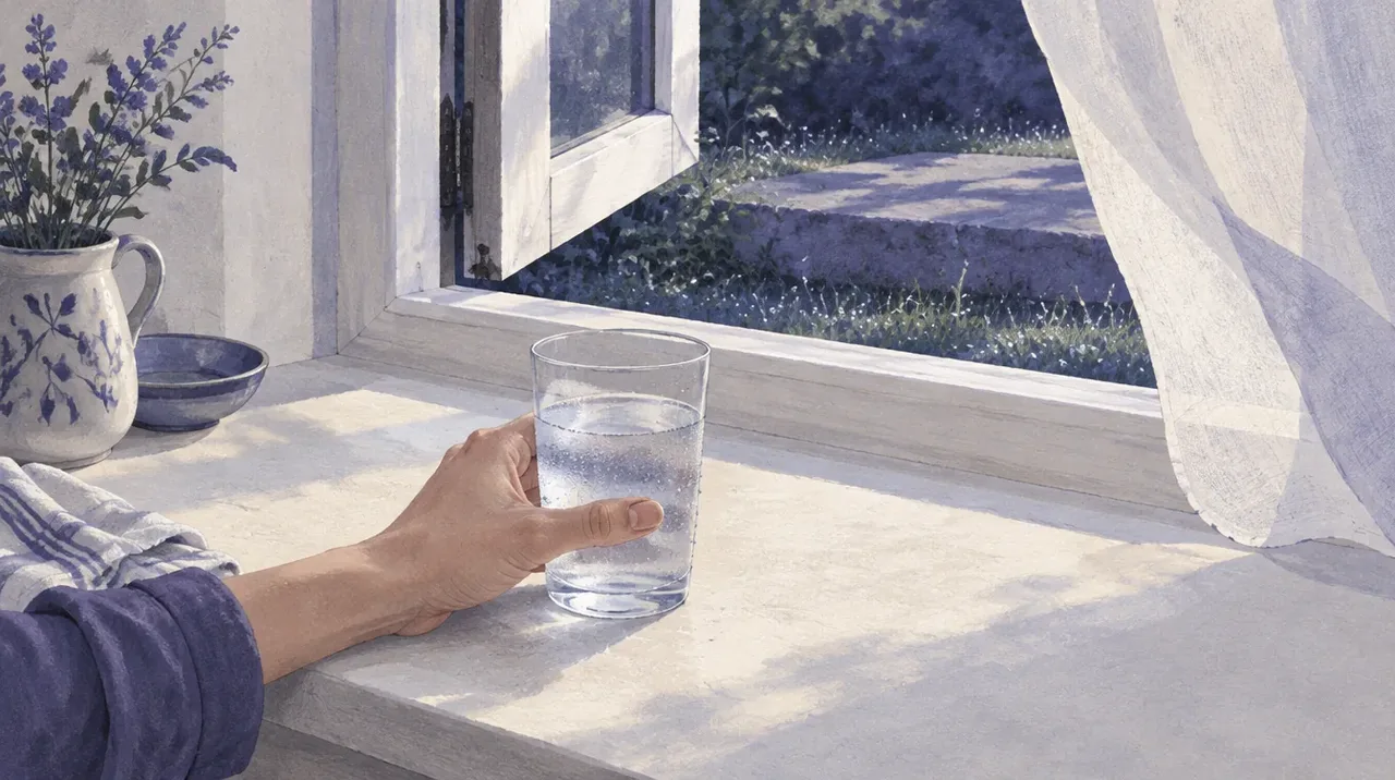 A hand resting around a glass of cold water on a windowsill, beside an open window with cool morning air coming in.